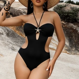 JSN 2026 Customized New Solid Fashionable Hollow Out Sexy Slim-fitting Backless Halter Neck One-piece Swimsuit for Women