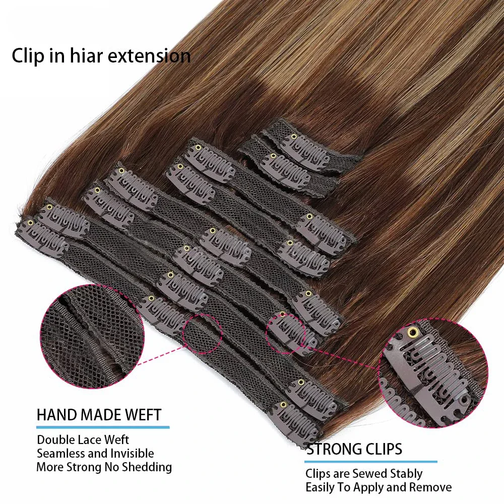 Extensions de cheveux raides à clipser Cheveux humains P4/27 Coiffure Postiche Tête complète Naturel 18 clips_voghion.com