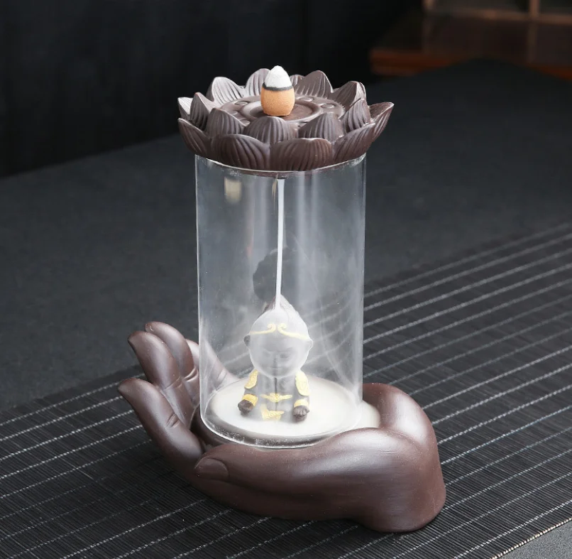 15.5*10.5*19cm Electric LED Ceramic Smoke Fountain Buddha Hand Monkey Plastic Design Backflow Waterfall Incense Holder Burner