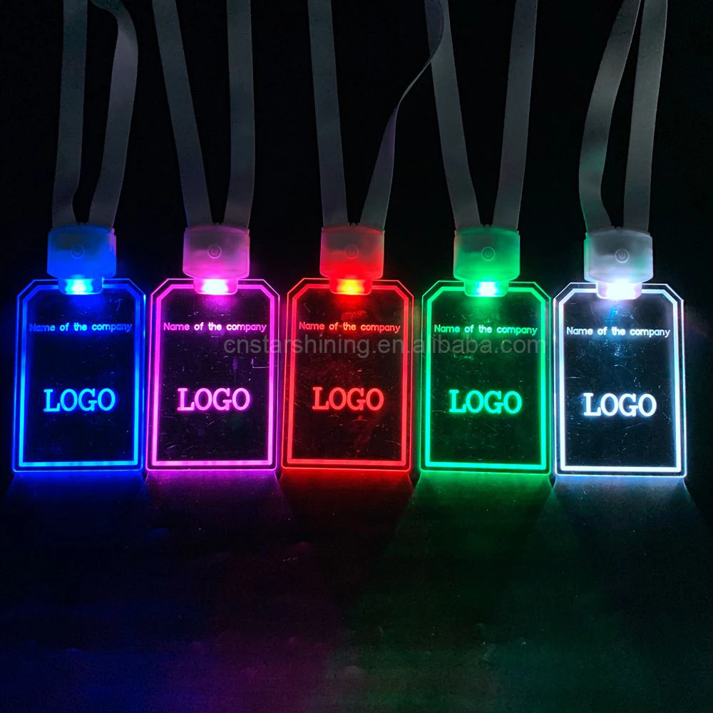 Factory OEM Laser Engraved LOGO Customized Shape Colorful Light up Acrylic ID Card Holder LED Lanyard