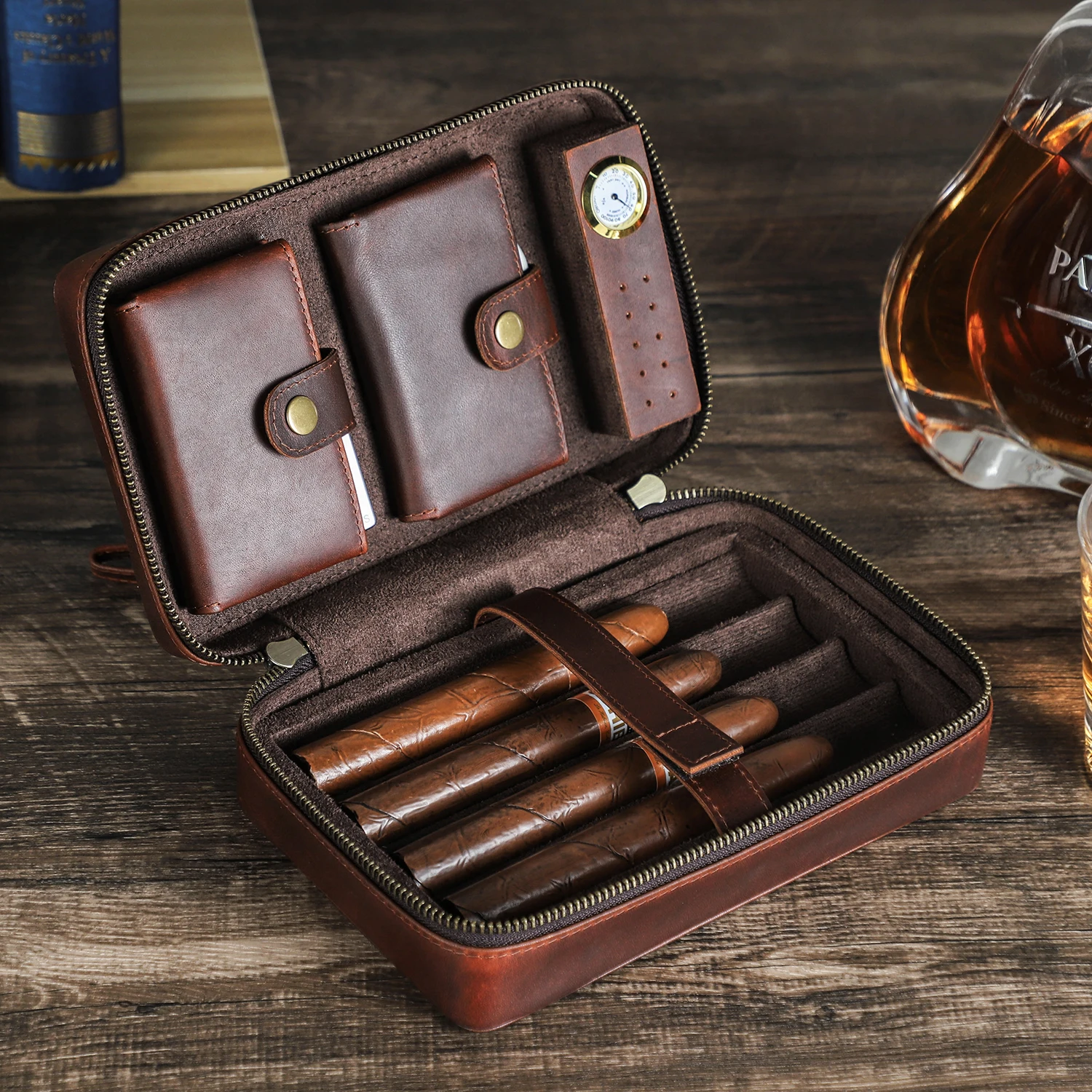 Custom Embossed Logo Travel Cigar Humidor Case Genuine Leather Cigar Storage Box for 4 Cigars with Digital Hygrometer CF5022