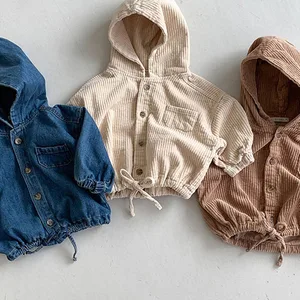 Customized 1 Pcs Custom Tag Plain Denim Spring Autumn Baby Infant Girls Long Sleeve Hooded Toddler Jacket Clothes for Kids