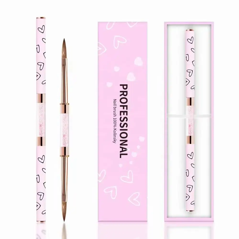 Двусторонняя акриловая кисть для ногтей Kolinsky 100% с розовым сердечком и логотипом на заказ