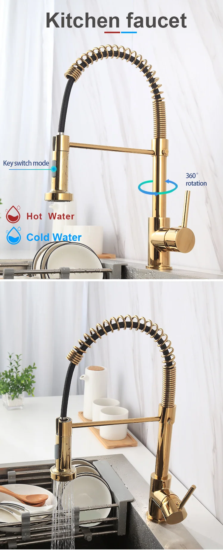 2021 High End Kitchen Faucet Gold Stainless Steel 304 Water Tap Modern Kichen Taps Brass Pull