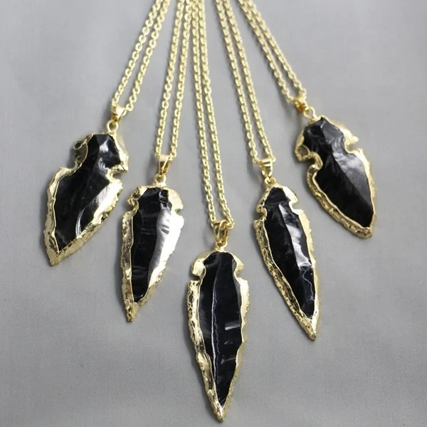 Collar de obsidiana en bruto de LS-D2627, chapado en oro con borde, de piedras preciosas naturales reales From m.alibaba.com