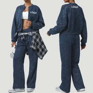OEM Custom Women's Zip up Cotton Fleece Hoodie Set Casual Oversized Printed Hoodie Leggings Set Clothing Manufacturers