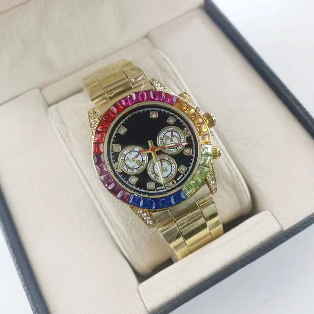 Wholesale 38mm Dial Men's Quartz Watch with Stainless Steel Band Rainbow Ditong Drill Ring Charm Seiko Movement and Alloy Case