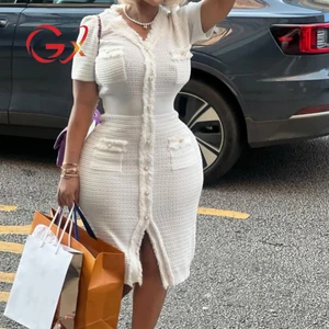 GX2404 Good Quality Boutique Sexy V-neck Midi Knitted Dresses Summer Clothes Women Casual Elegant Short Sleeve Button Knit Dress