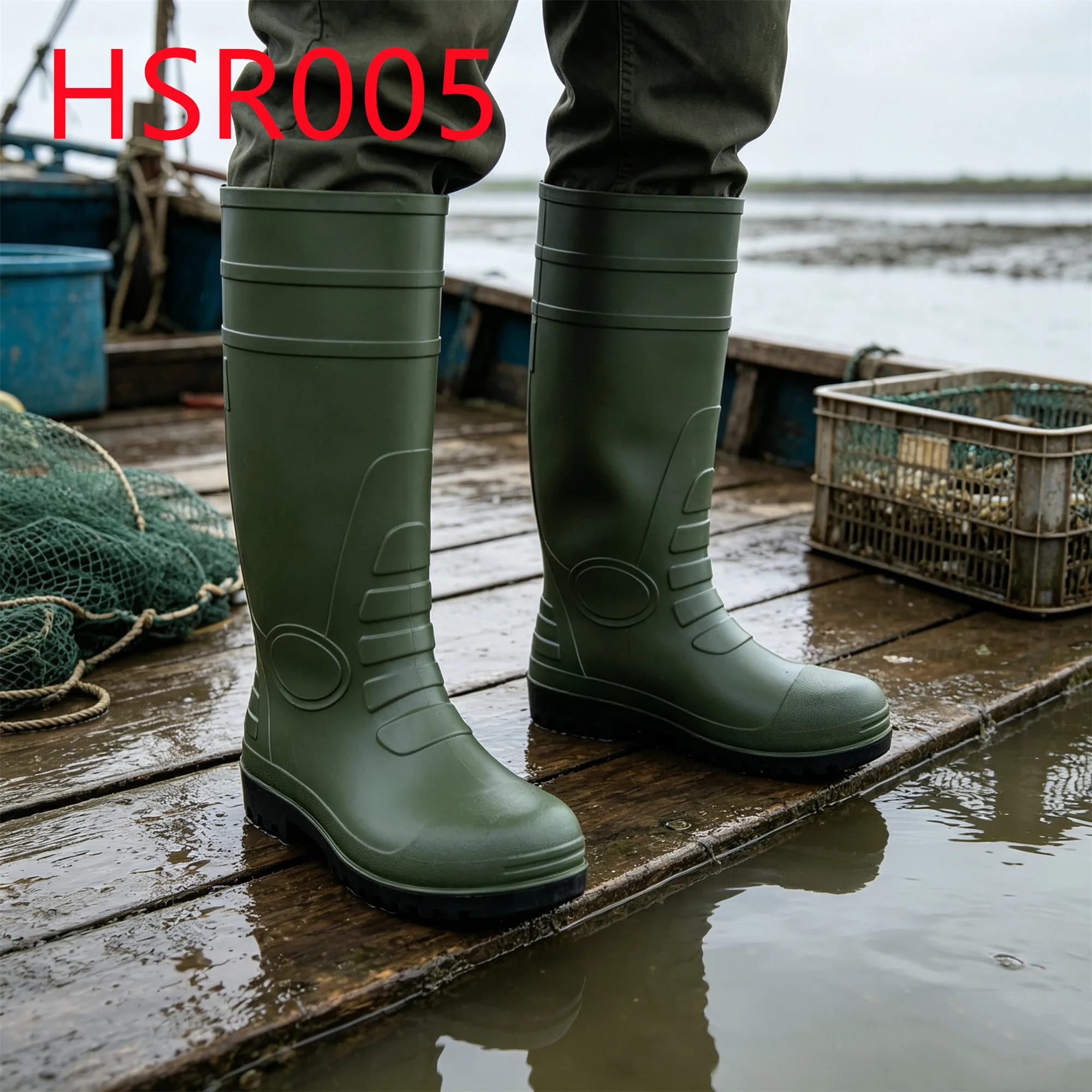 HY,Construction Site Steel Toe Insert SRC Standard Hua Singh Gumboots Green/yellow Integral Molding PVC Rubber Boots HSR005