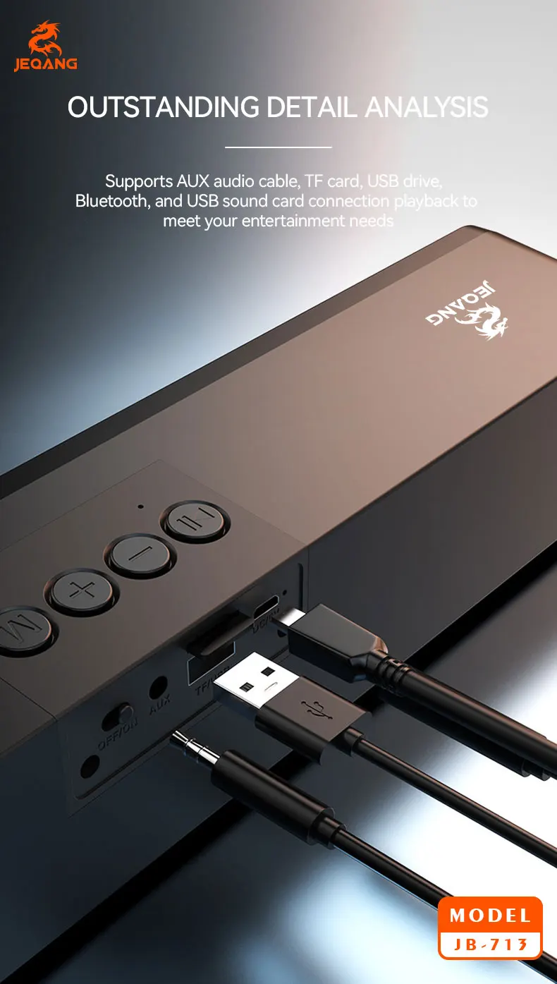 Jeqang JB-713 Modern Portable Wireless RGB Sound Bar Waterproof Computer Speakers USB Aux Communication Plastic for Outdoor Use