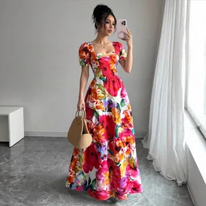 Floral Printed Vintage Long Dress Shirring Back Ladies Long Skirt Fashionable Holiday Elegant Square Neck Casual Dress