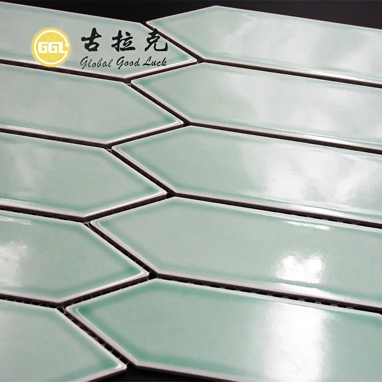 Light Green Long Hexagon Shape Glossy Mosaic Ceramic For Bathroom Wall Tiles