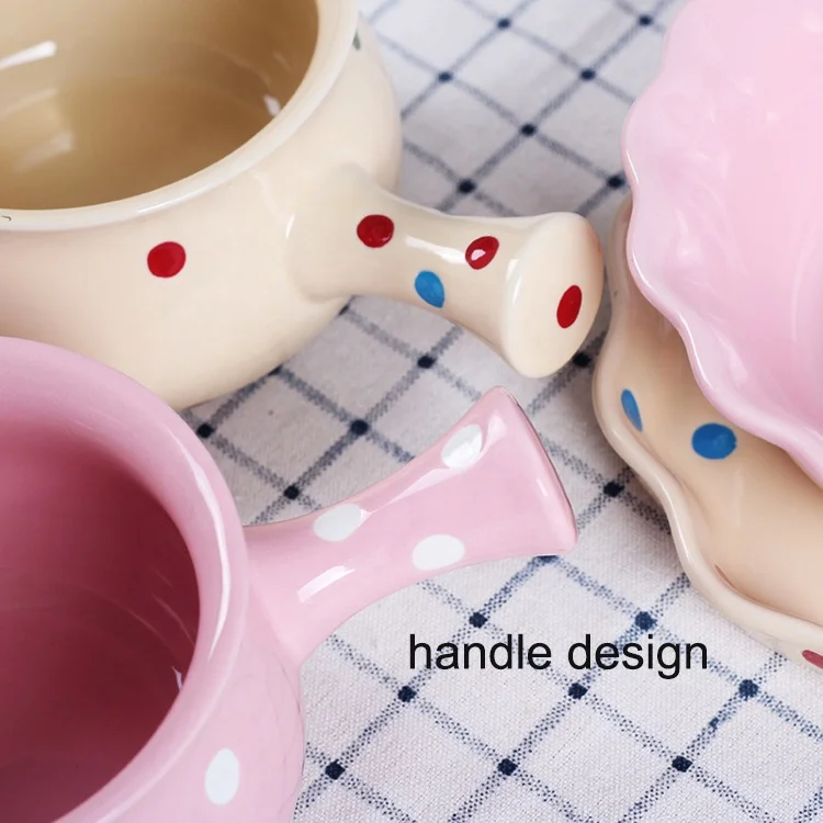 Lead-Free Safe Dinnerware Nordic Polka Dots Salad Soup Cereal Bowl Single Handle Ceramic Bowl Ceramic Handle Bowl