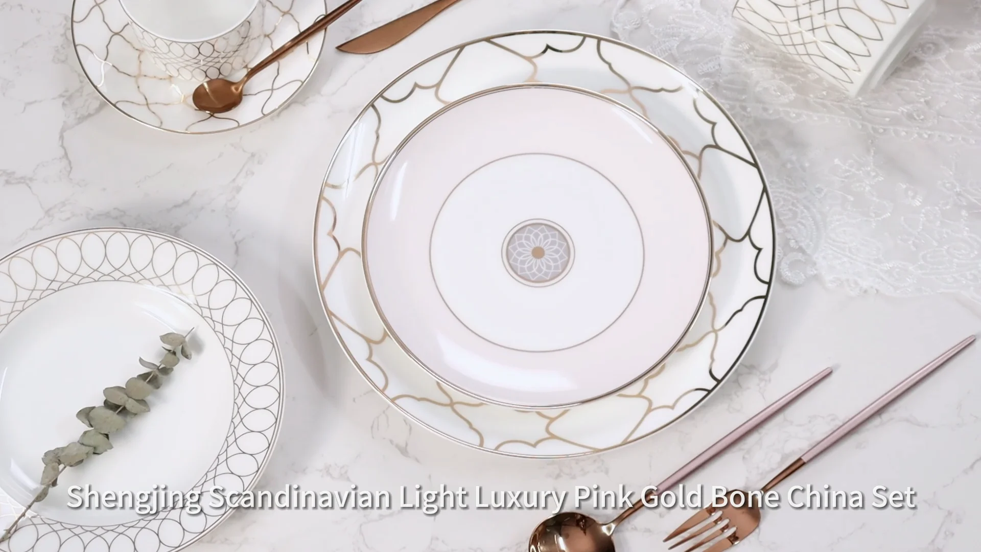 Wedding Wholesale Luxury Pink Gold Bone China Tableware Set Restaurant