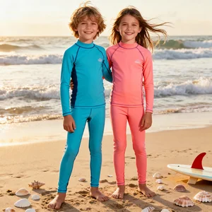 OEM Solid Color Chlorine-Resistant Fabric Recycled Nylon Long Sleeve Swim Leggings High Neck Rash Guard Child Swimming Rashguard