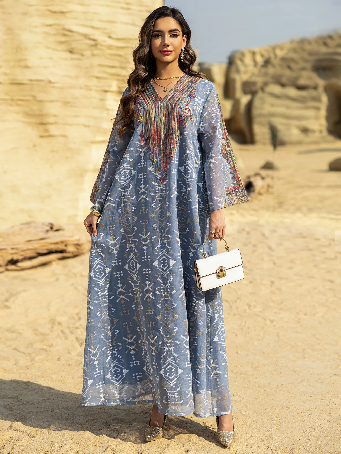 ladies dress qatar 2025 Islamic Jacquard Embroidery Eid Long Dresses Abaya Muslim Women Evening Party Wear For Changing Tray