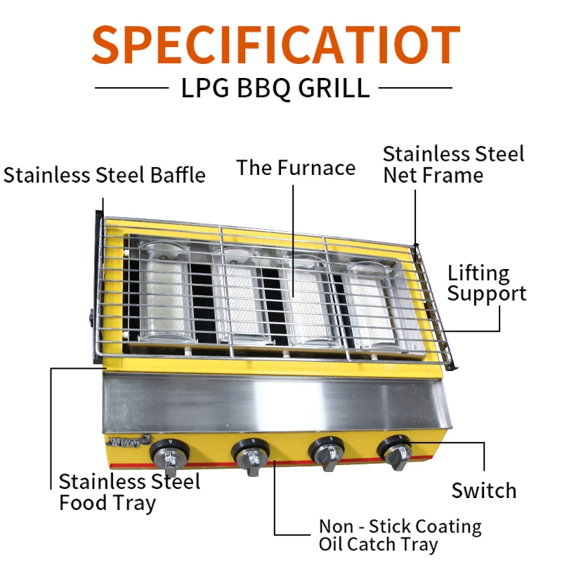 Easily assembled outdoor 4 burner barbecue gas camping grills