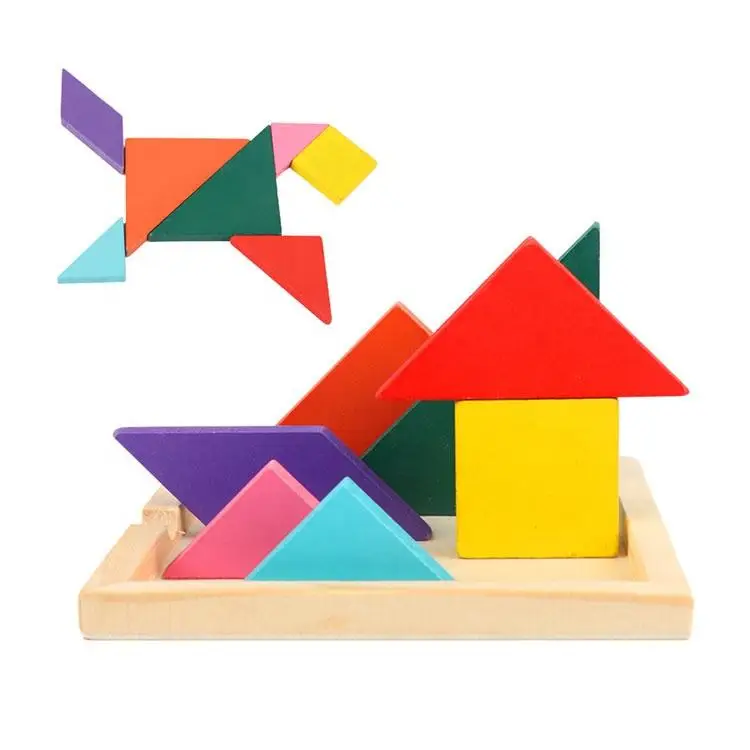 Hot Interactive Learning Education Wooden Tangram Jigsaw Toys Board Colorful Tangram Multicolour Wood Geometric Shape DIY Puzzle
