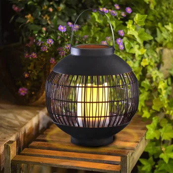 Outdoor Solar Powered Rattan Lantern Ball Shaped With Led Candle Holder ...