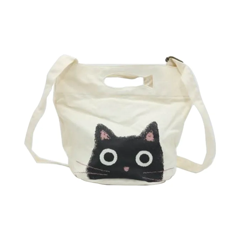 Ladies canvas tote bag large size messenger bag cute cat pattern fish handle