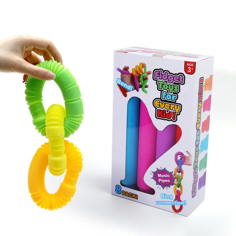 8 Pack Colorful  Plastic Sound Expendable Stretched  Squeeze Top Joint Tube Fidget Sensory Toys Pop Tube Set