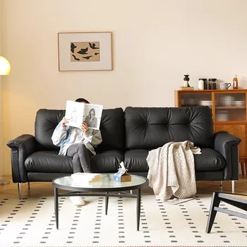 Image showcasing Italian Modern Minimalist Leather Sofa Retro Straight Row Large And ...