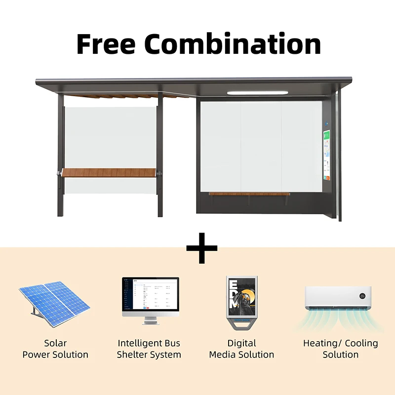 Luxury Modern Prefabricated Bus Shelter Smart Bus Stop with LED Lightbox MUPI Aluminum Frame Steel Material for Outdoor Use