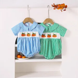 Custom Baby Clothes Shirred Smocked Baby Clothing Plaid Embroidered Pumpkin Pattern Short Sleeve Baby Rompers