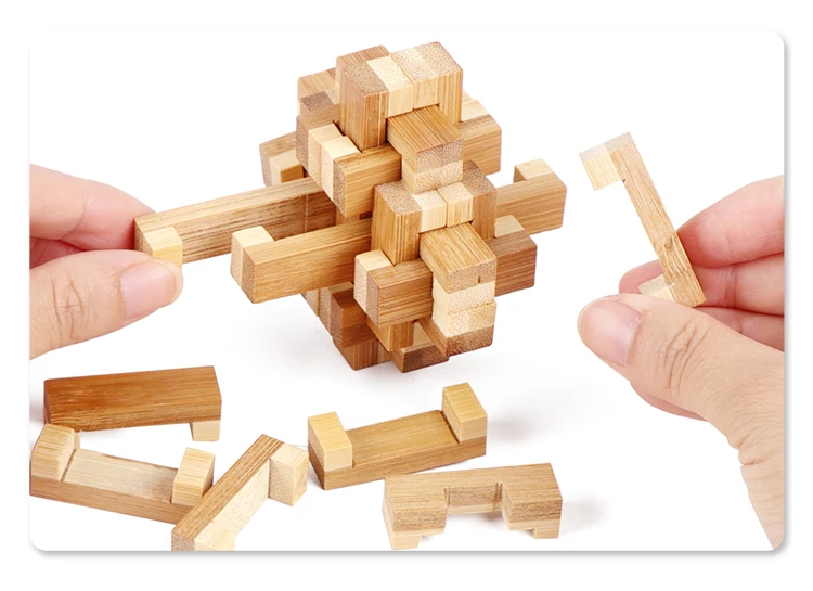 Eco-friendly  Iq Brain Teaser Toy 3D Bamboo Lock Puzzle Game for Teens