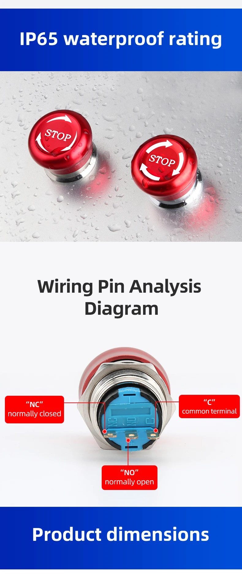 Emergency Stop Mushroom-Shape Brass Push Button Switch IP65 10A 1NO1NC 500000 Times Mechanical Life LiXiang Home Appliances