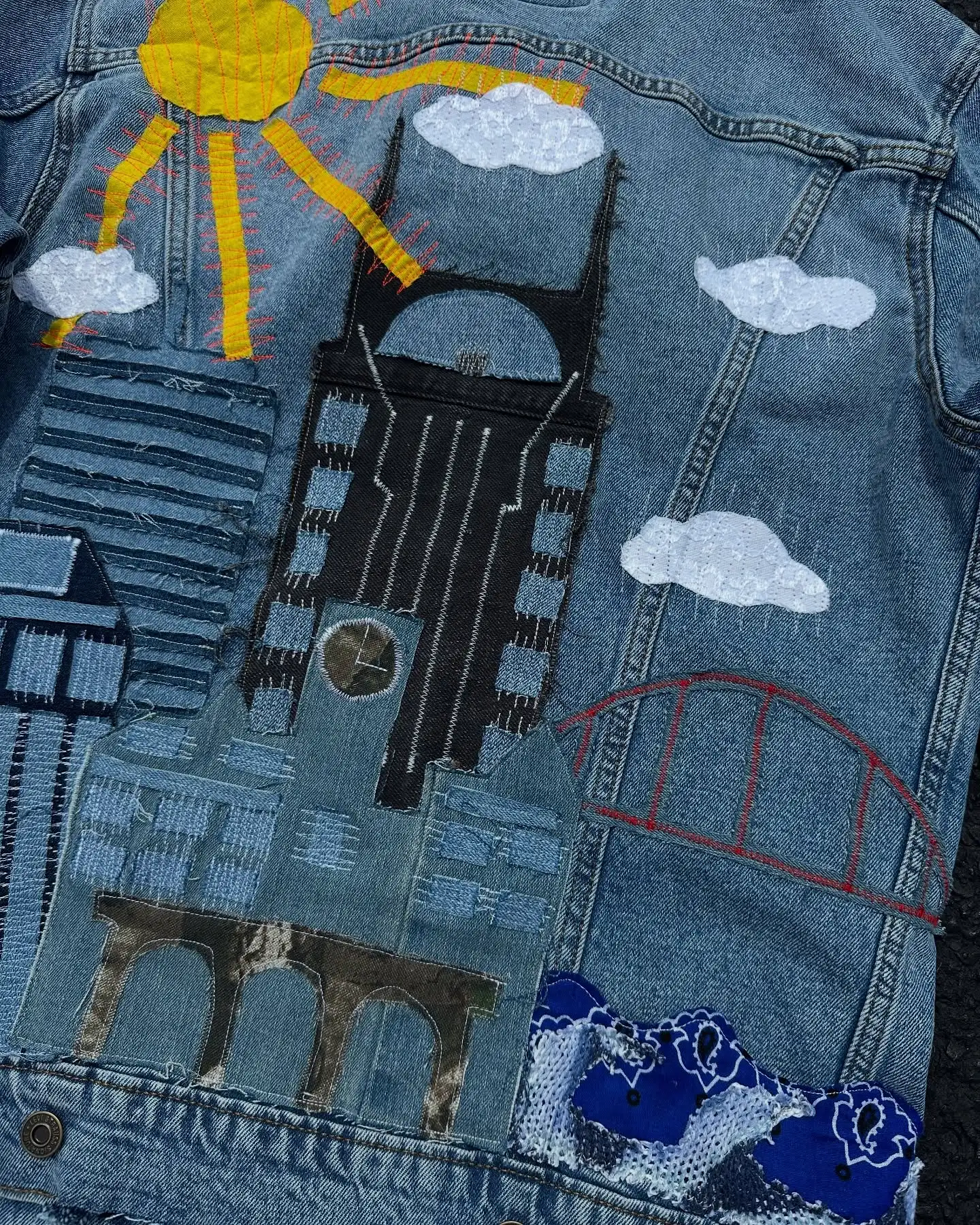 Customize Street Wear Gothic Retro Casual Splicing Black Wash Panel Wide Leg Jeans Custom Outfits Work Denim Jeans Jacket Sets gallery 5