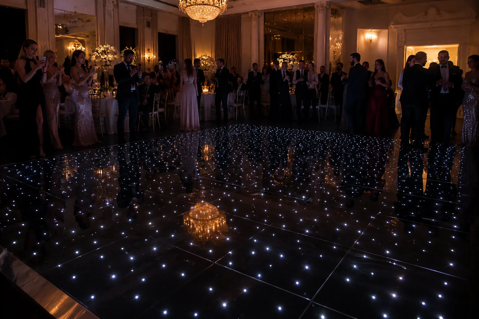 Star LED dance floor installed at an upscale event venue with ambient lighting and guests enjoying the twinkling starfield effect