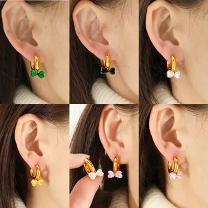2026 New Arrival 18K PVD Gold Plated Heart Zircon Bow Drop Earrings for Women Stainless Steel Hypoallergenic Tarnish Free