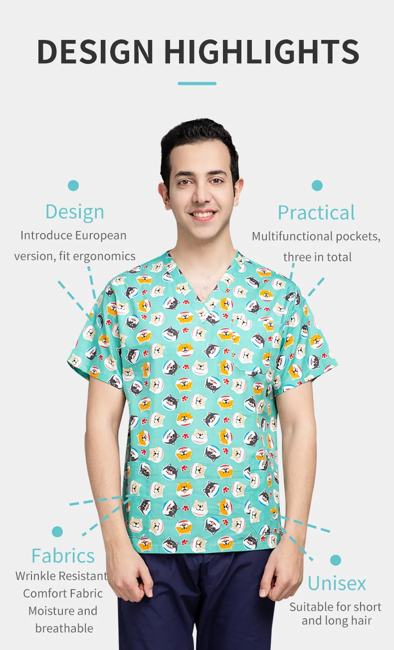 2022 Amason Low Price Custom Antiwrinkle Scrub Tops Tooth Printed