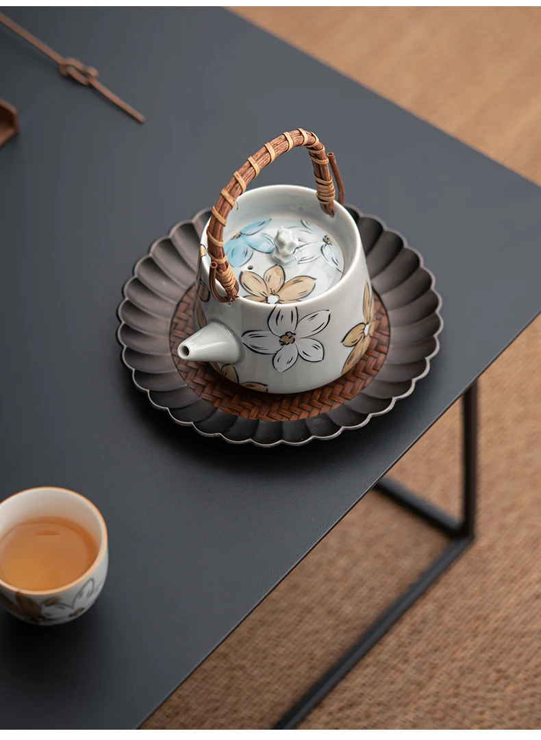 Japanese-Style Single Ceramic Teapot Ice Ash Cherry Rattan Raised Beam Small Pot with Japandi Design Style