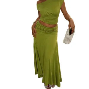 Customize Popular Women's Solid Halter Neck Two-Piece Set Short Sleeve Top & Long Skirt Knitting Woven Beach Outfit Sizes