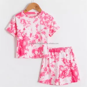 Customized Short Sleeve Two Pieces Cotton Tie Dyed Kids Girls Clothing Sets for Summer