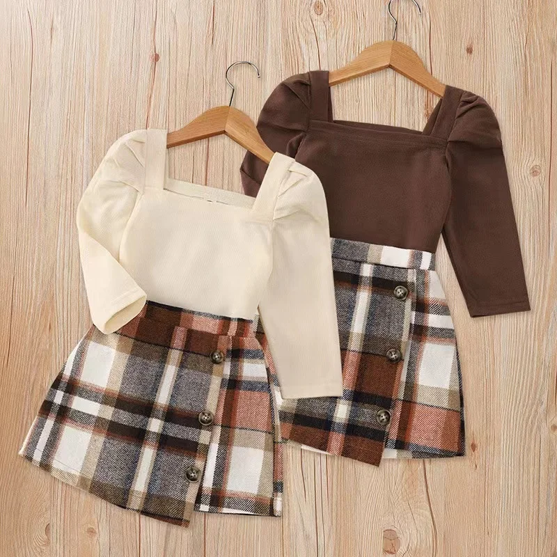 Детская вязаная клетчатая юбка Топ с длинным рукавом и квадратным вырезом в британском стиле комплект из 2 предметов одежда для маленьких девочек Осень-зима 2022