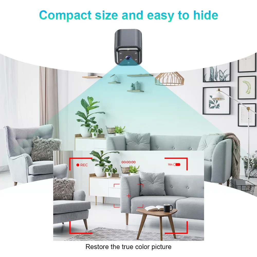 AI Mini Smart Monitoring Camera Night Vision Remote Viewing 1080p Resolution Indoor/Outdoor Use Battery Operated Built-in Mic