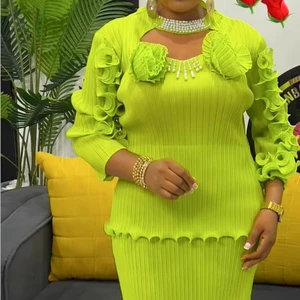 Plus-size Pleated Dress Wooden Ear Sleeves Solid Color Casual Dress Petal Design Miyake Dress