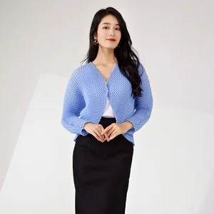 Miyake Women's Stretch Fabric Woven Top Casual Style Pleated V-Pleat Cardigan Print Personalized Fashion Shirt Spring