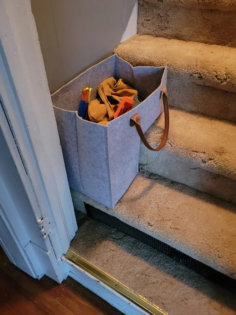 Premium Felt Stair Basket With Leather Handles Internal Support For 16