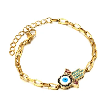 Luxury classic jewelry stainless steel gold plated link bracelets for women boho punk shine Cubic Zirconia eye charm bracelet