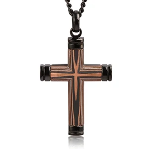 Men's Carbon Fiber & Copper Foil Cross Necklace Black Ion-Plated Stainless Steel Round Box Chain Necklace