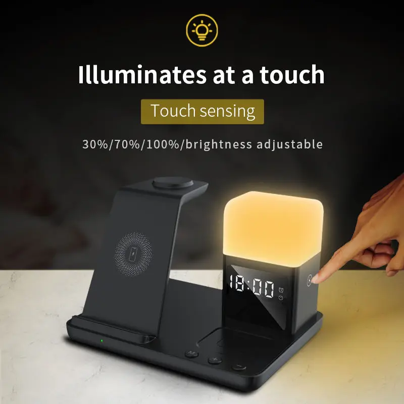 6 in 1 15W Fast Charging Magnetic Multifunction Wireless Charger with Alarm Clock Light LED Desk Lamp for iPhone Samsung Android