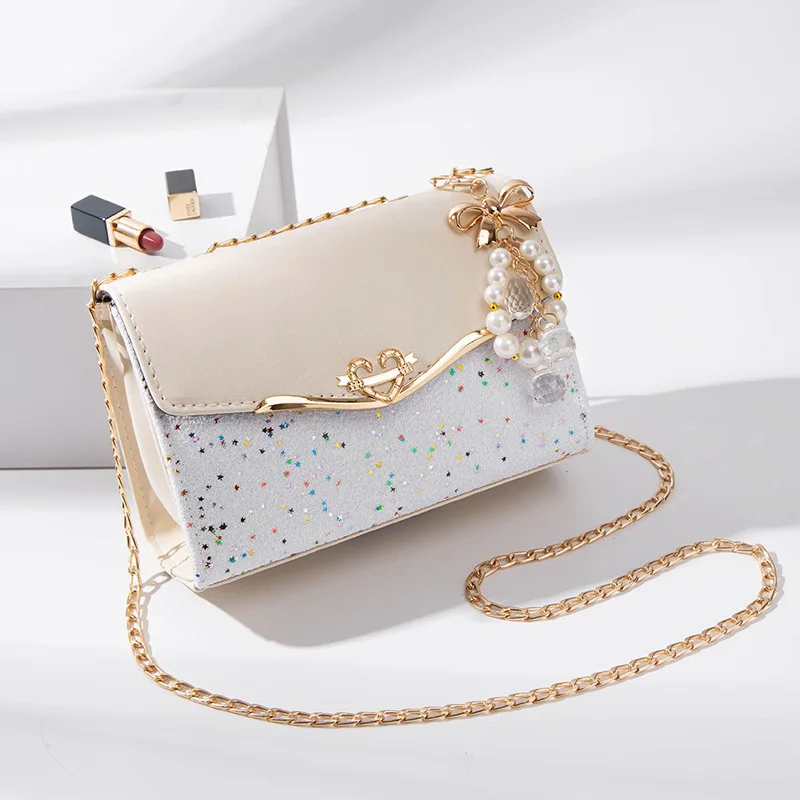 Stylish Versatile Golden Chain Strap Ladies Designer Bags  Bowknot-decoration Cross Body Messenger Girls Fashion Confetti Purse