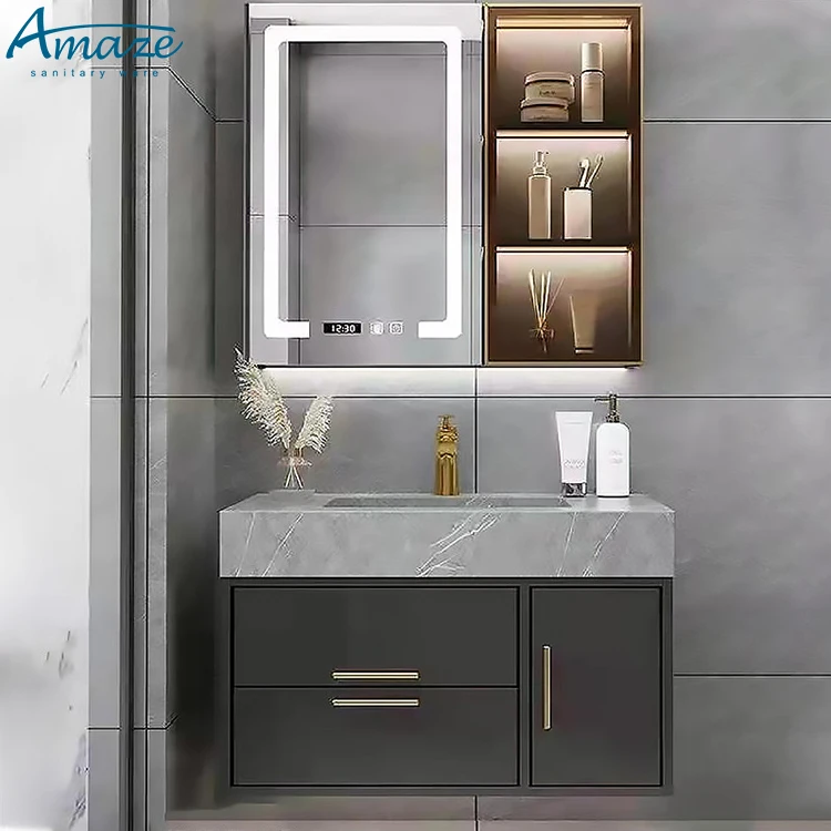 Modern style hotel household furniture plywood design intelligent mirror cabinet bathroom vanitiy sink