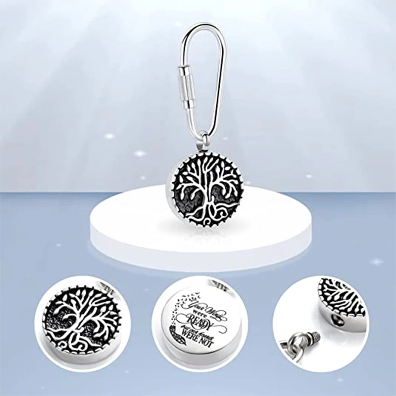 Cremation Jewelry Round Urn Keychain for Pet Ashes Stainless Steel Keepsake Urns Tree of Life Pendant Key Ring for Women Men