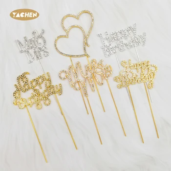 YACHEN Luxury Gold Silver Metal Birthday Cake Decoration Supplies  Zinc Alloy Happy Birthday Cake Topper with Rhinestone