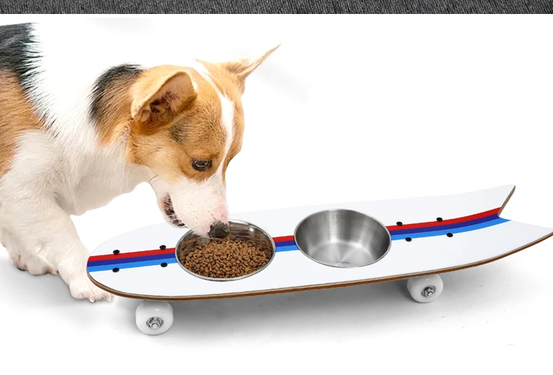 Pet Double Bowl Skateboard-shaped Bowl New Cat and Dog Feeder Stainless Steel Pet Bowl details